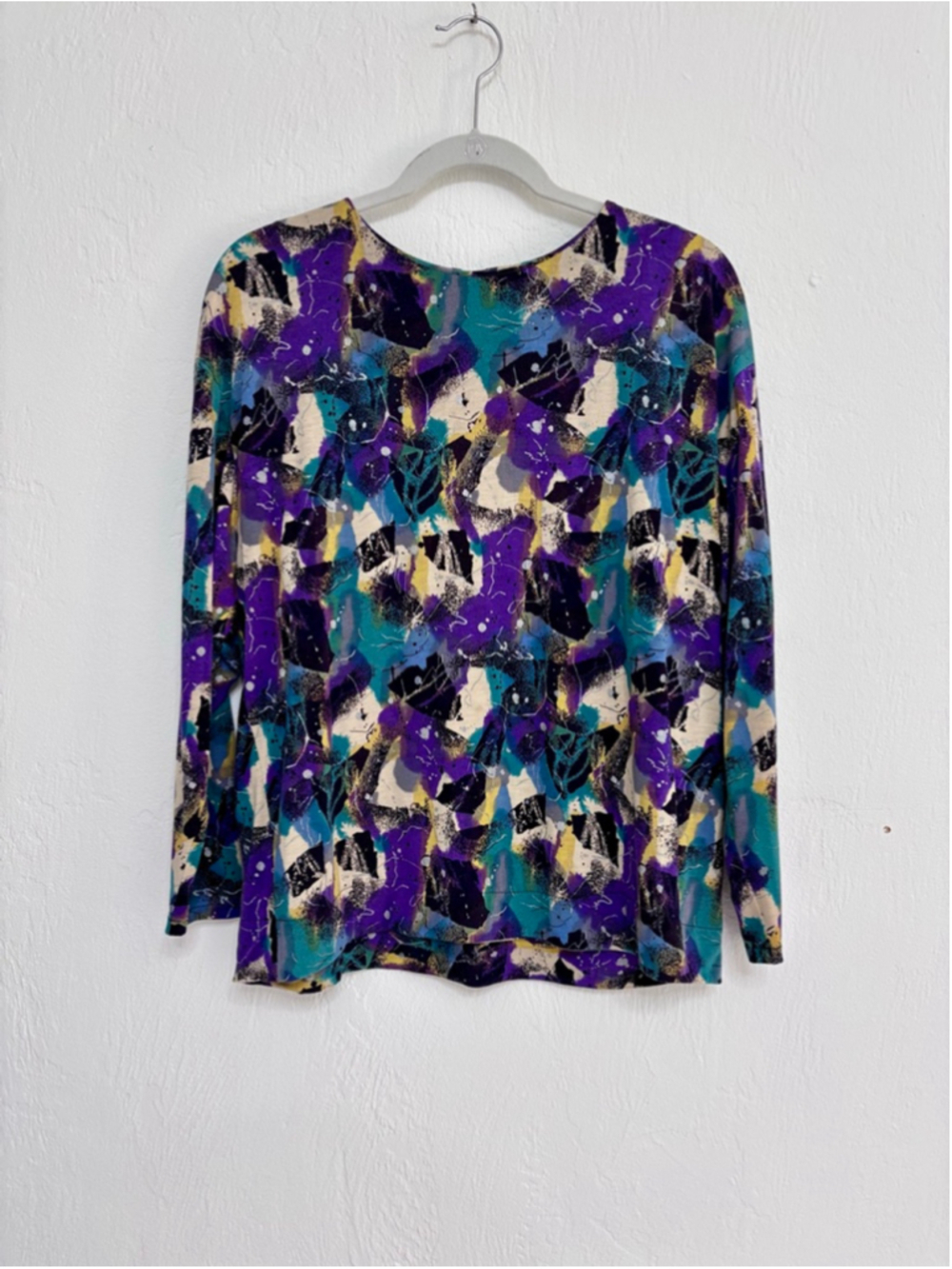 Women's Iona Long Sleeve Tee L Purple Teal Abstract Silk Cotton Viscose